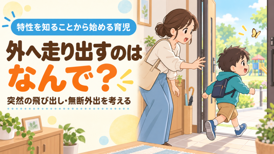 玄関から外へ走り出す子どもと見守る母親。「外へ走り出すのはなんで？」と伝えるイラスト
