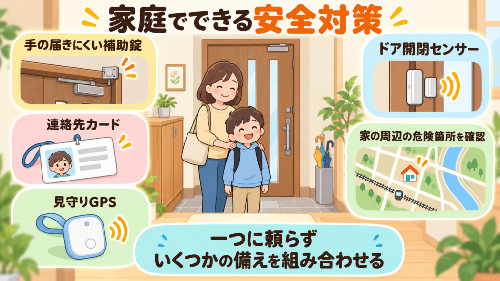 補助錠・ドアセンサー・連絡先カード・GPS・周辺地図を組み合わせた安全対策