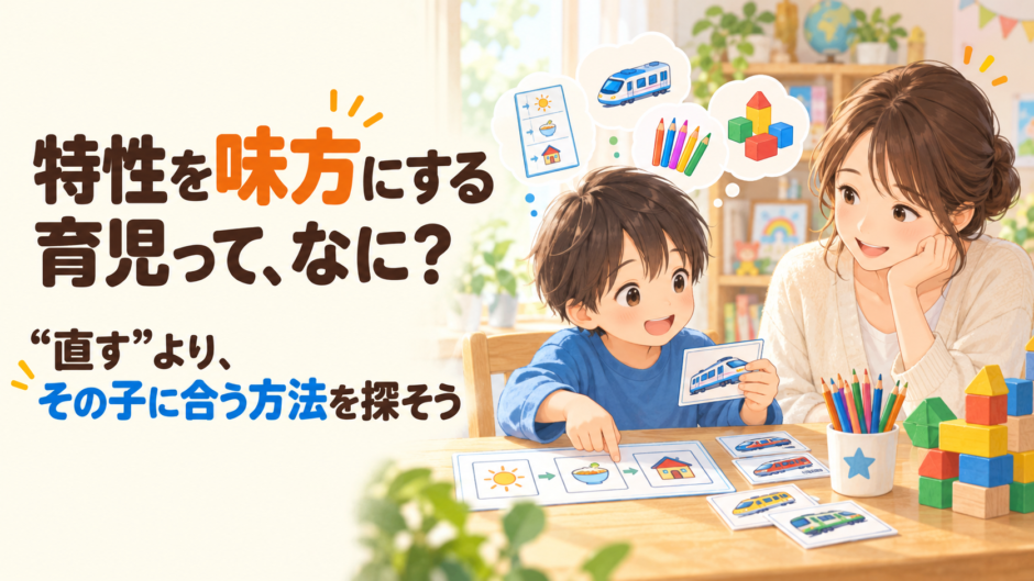 絵や予定表を使い、子どもに合う方法を一緒に探す母親。「特性を味方にする育児って、なに？」と伝えるアイキャッチ画像