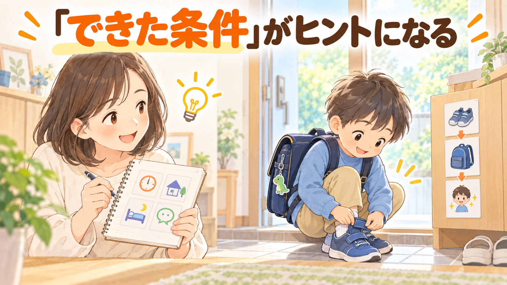 絵カードを見て靴を履けた子どもを、母親がやさしく観察して記録する