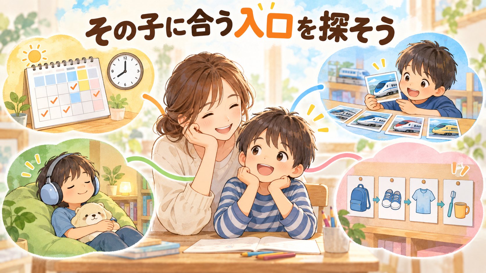 予定表・好きな電車・イヤーマフ・絵カードから、子どもに合う方法を親子で探す