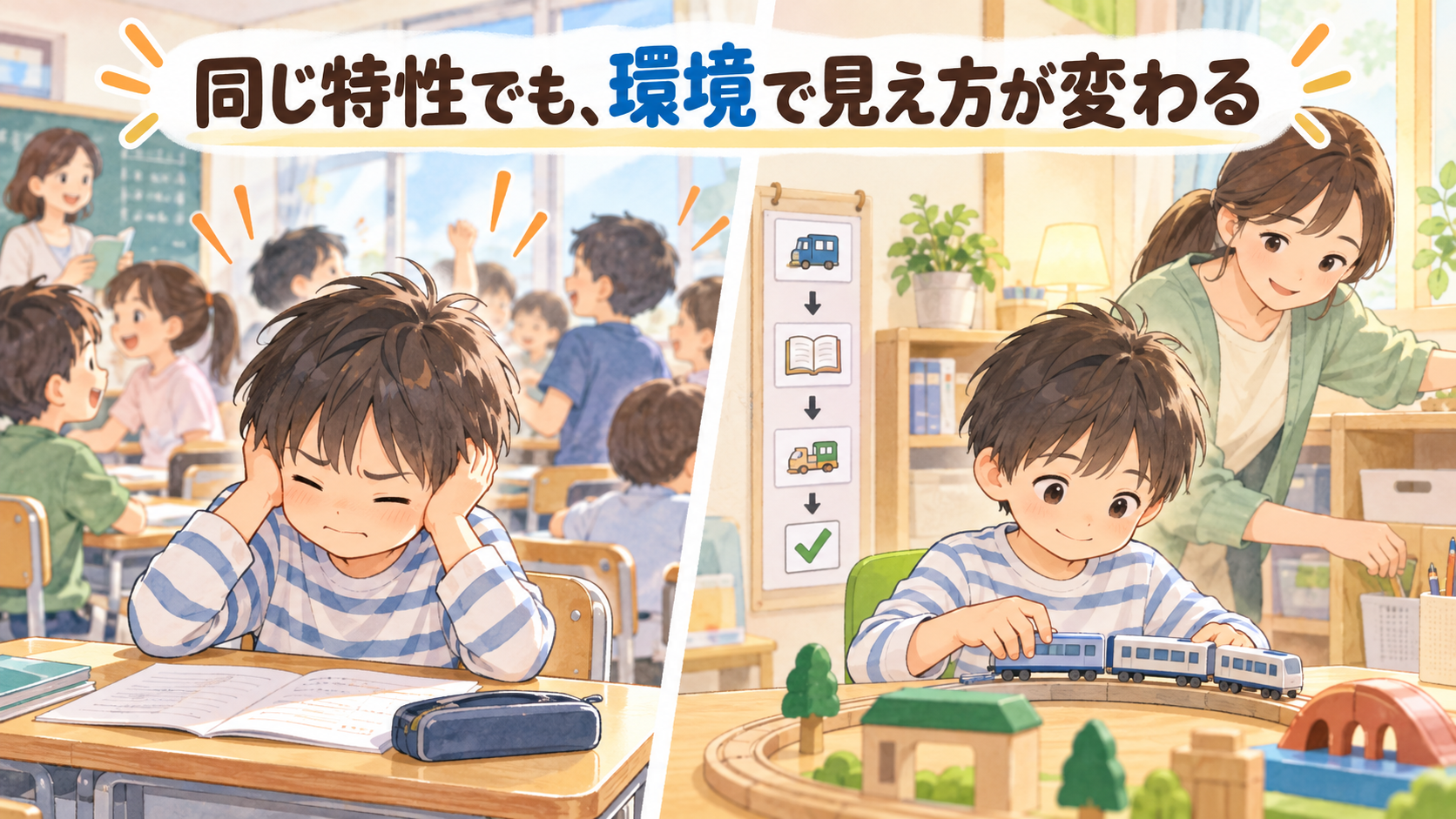 騒がしい教室では耳をふさぎ、落ち着いた環境では電車遊びに集中する同じ子ども
