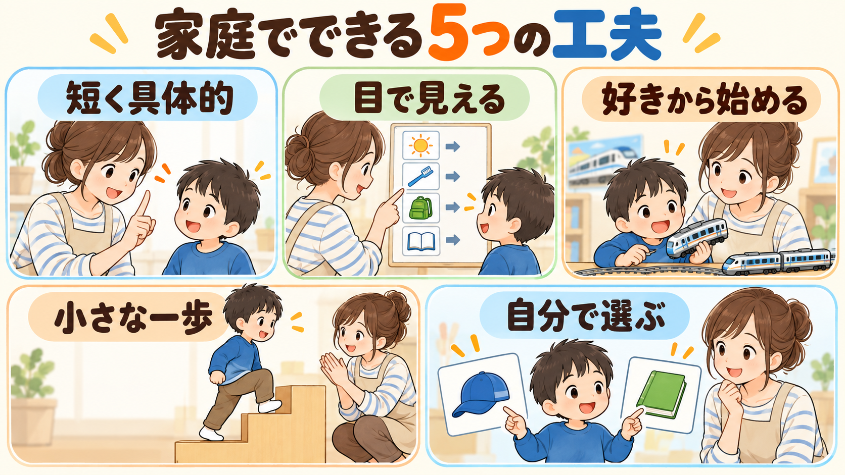 短く具体的に伝える・目で見える形にする・好きから始める・小さな一歩・自分で選ぶ、5つの支援